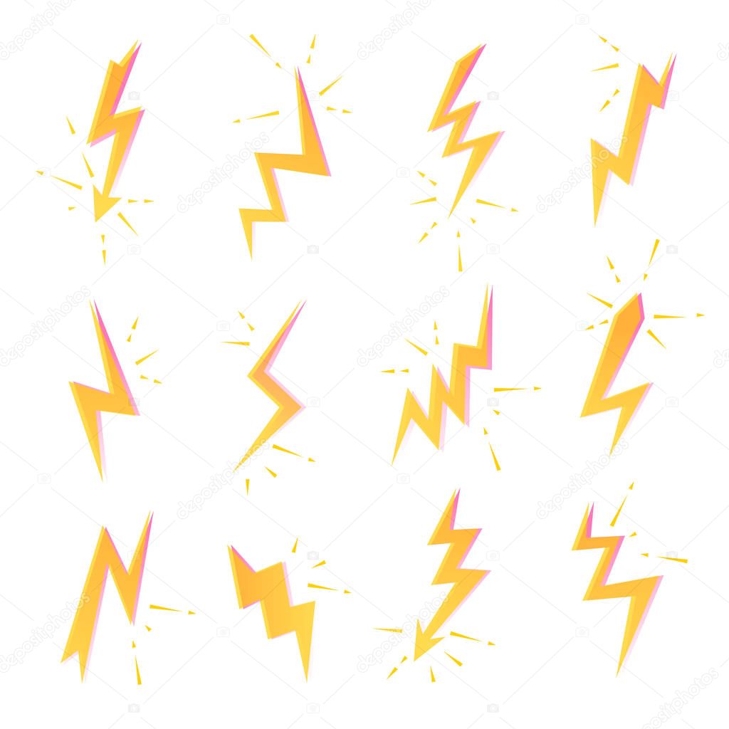Set of Lightning bolts icons. Thunderbolts, voltage, electricity, flash and power signs.