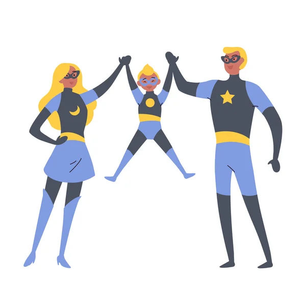 Parents et enfants jouant aux super-héros, habillés en costumes de super-héros . — Image vectorielle