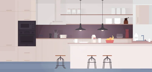 Интерьер кухни со столом, плитой и холодильником. Векторная иллюстрация плоского стиля . — стоковый вектор