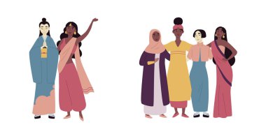 Farklı çok ırklı ve çok kültürlü insan grubu. Sosyal çeşitlilik, dostluk. Afrikalı, Asyalı, Müslüman, Hintli kadınlar.