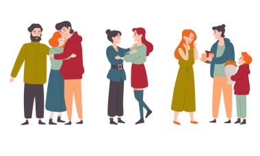 Mutlu insanlar sarılır, tatilde birbirlerini tebrik eder. Aileler, arkadaşlar