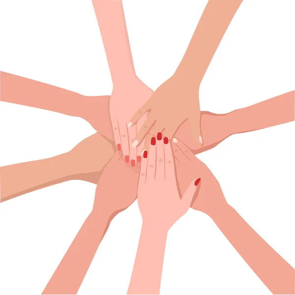 Vrienden met een stapel handen tonen eenheid en teamwork, Top uitzicht. Jonge mensen die hun handen samenleggen. Vector illustratie teamwork concept. — Stockvector