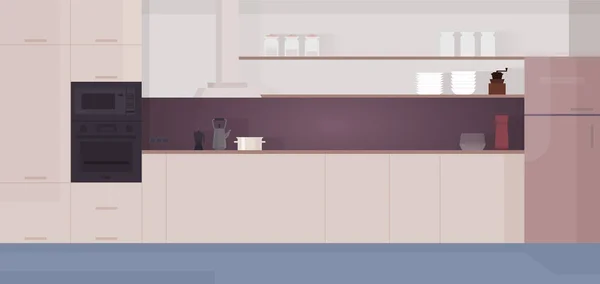 Interior dapur modern yang nyaman dengan peralatan, kulkas, kompor . - Stok Vektor