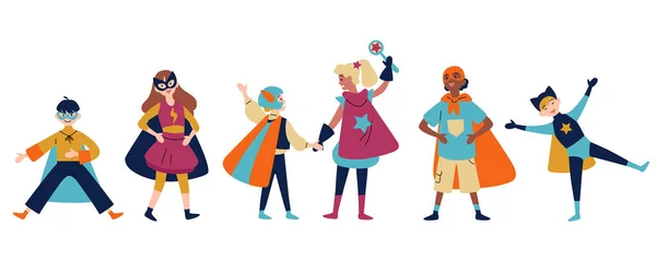Farklı süper kahramanların renkli kostümleri giyen çocuklar — Stok Vektör