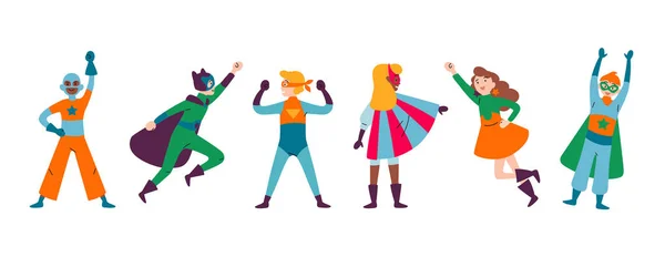 Garçons et filles multiraciaux, portant des costumes de super-héros — Image vectorielle