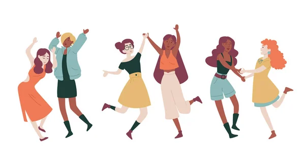 Девушки танцуют подруги Студенты празднуют каникулы Девушки с поднятыми руками прыгают весело . — стоковый вектор