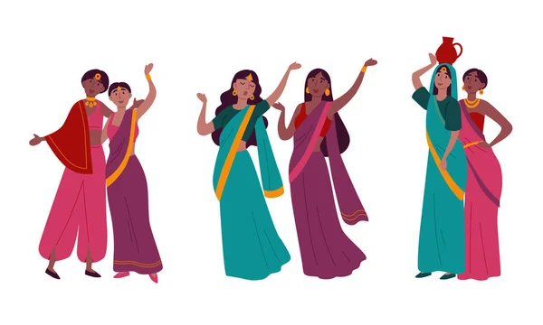 Femmes indiennes vêtues de sari national traditionnel — Image vectorielle