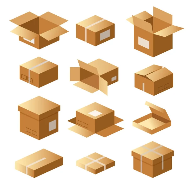 Conjunto de cajas de cartón, paquete de cartón, entrega de envío, carga, paquete . — Vector de stock