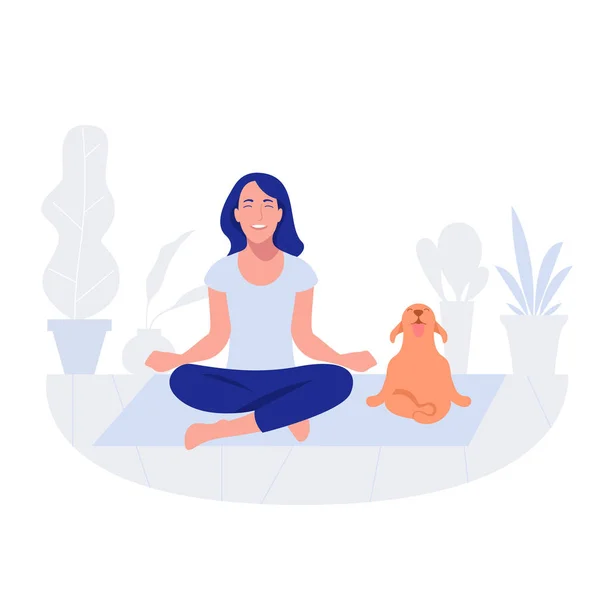 Жінка і собака йога. Здоровий спосіб життя, відпрацювання, фізичні вправи . — стоковий вектор