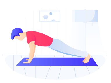 Tahta egzersizi yapan adam. Çekirdek egzersiz, evde egzersiz, yan görünüm