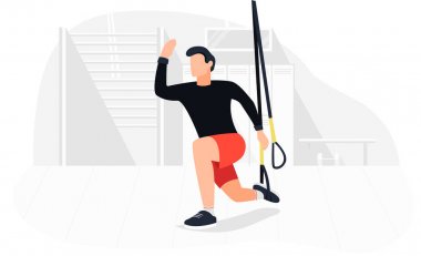Fit adam trx üzerinde vücut ağırlığı egzersizleri yapıyor çalışıyor. Fitness gücü eğitim egzersiz.
