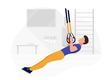 Fit adam trx üzerinde vücut ağırlığı egzersizleri yapıyor çalışıyor. Fitness gücü eğitim egzersiz.