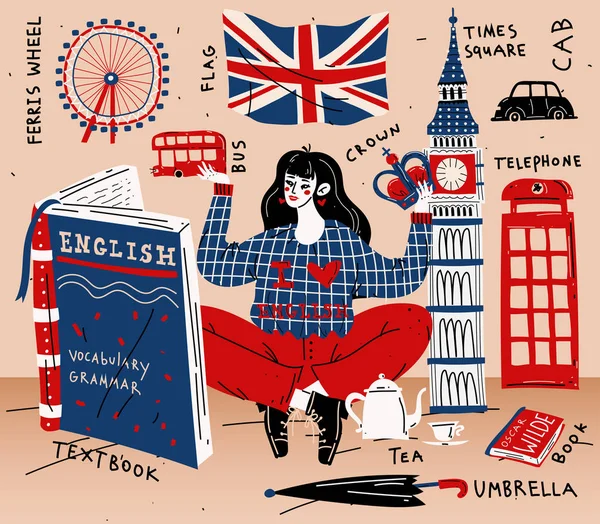 Ung kvinna flicka student lära engelska. Utbildning, främmande språk. — Stock vektor