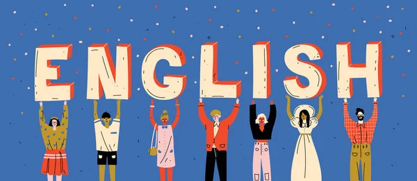 Diversas personas sosteniendo letras palabra Inglés. Aprender idioma extranjero — Vector de stock