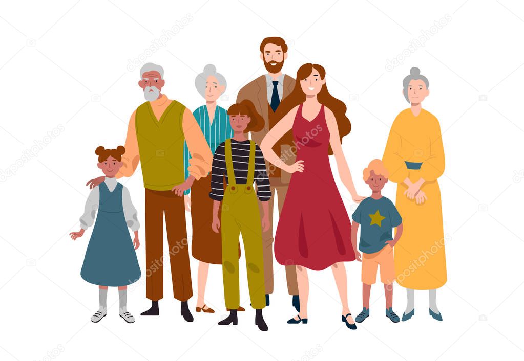 Portrait of large family. Mother, father, children, grandmother, grandfather.