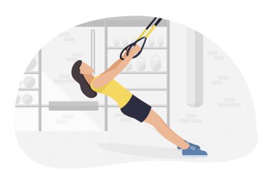 Fit kadın trx vücut ağırlığı egzersizleri yapıyor üzerinde çalışıyor. Fitness gücü eğitim egzersiz.