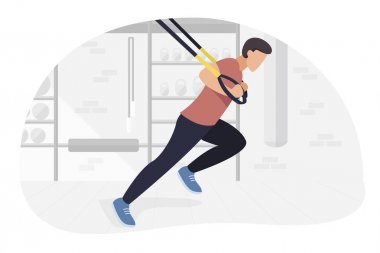 Fit adam trx üzerinde vücut ağırlığı egzersizleri yapıyor çalışıyor. Fitness gücü eğitim egzersiz.
