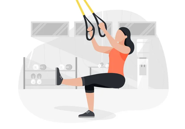 Fitte Frau, die auf Trax trainiert und Körpergewichtsübungen macht. Fitness Krafttraining Workout. — Stockvektor