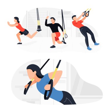 Fit insanlar trx vücut ağırlığı egzersizleri yapıyor üzerinde çalışan. Fitness gücü eğitim egzersiz.