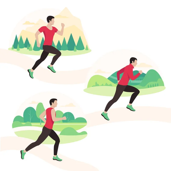 A correr e a comandar pessoas. Corredores em movimento. Correr homens esportes . — Vetor de Stock