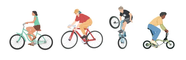 Pessoas andando de bicicleta de vários tipos conjunto, homens, mulheres e crianças em bicicletas —  Vetores de Stock