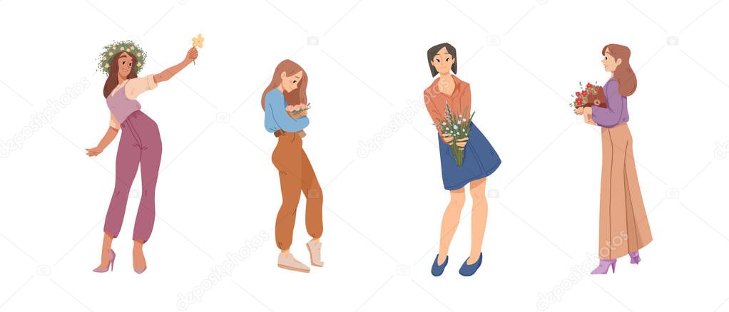 Beautiful women holding a bouquets of flowers in hands. Summer, mothers day, happy women s day. 8 March.