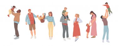 Family walking together, celebrations holidays and outdoors activities. Mother, father and children. Traditional heterosexual families with kids clipart