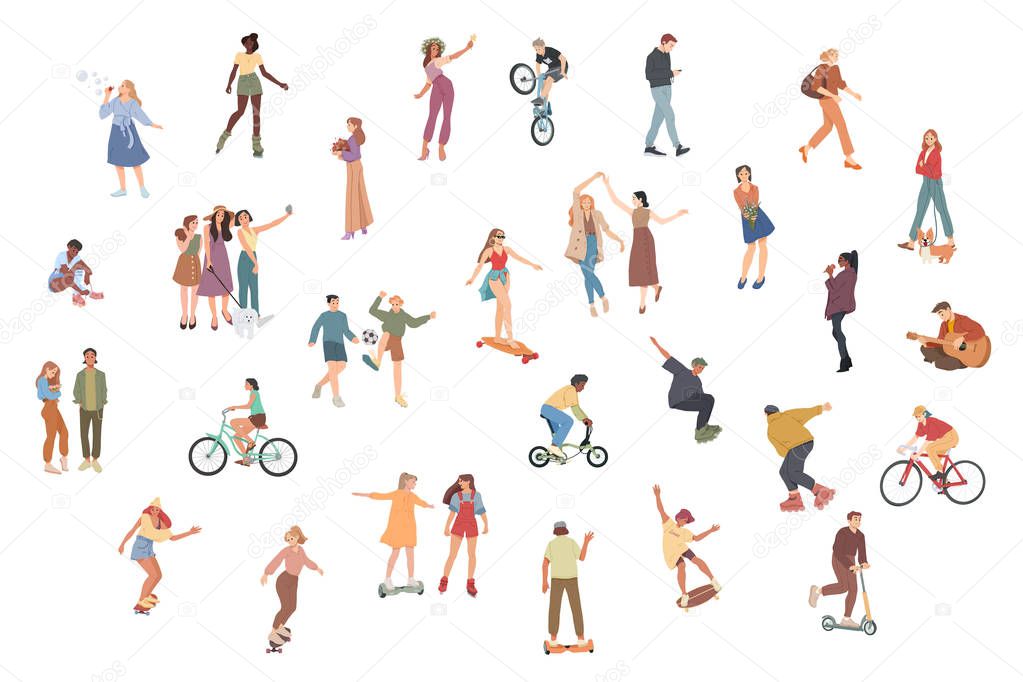 People. Summer outdoors activities. Walking, Riding bicycle, playing, skateboarding. Group of children, boys and girls, male and female cartoon characters