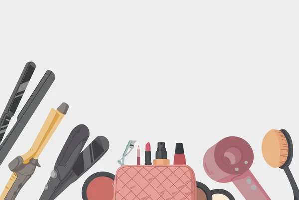 Make-up Artist Kit. Haarstyling-Accessoires Set. Kosmetikprodukte Lidschatten, Lippenstift, Puder — Stockvektor