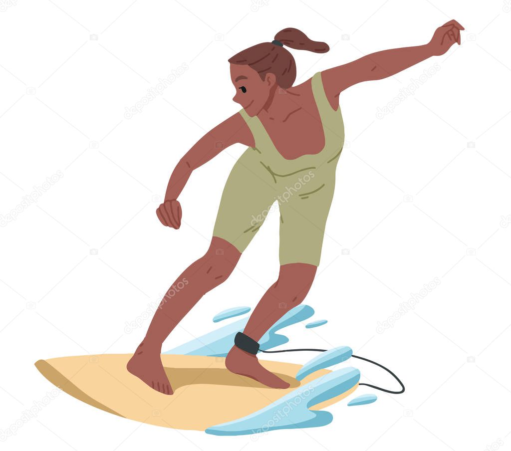 Girl surfing, riding on the water. Summer leisure.
