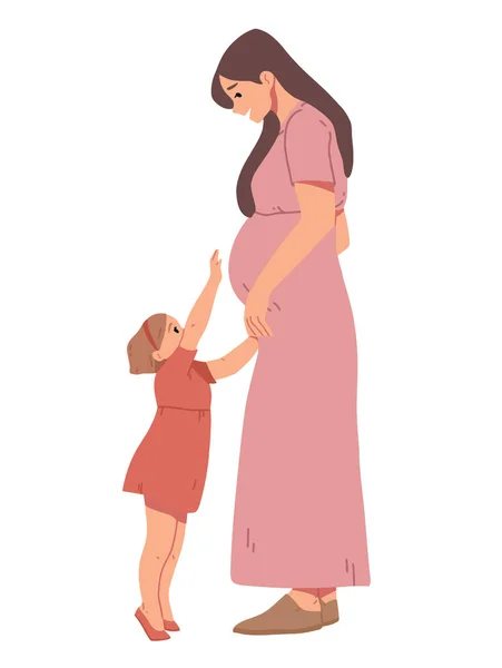 Liten flicka berör hennes gravida mamma s mage. — Stock vektor