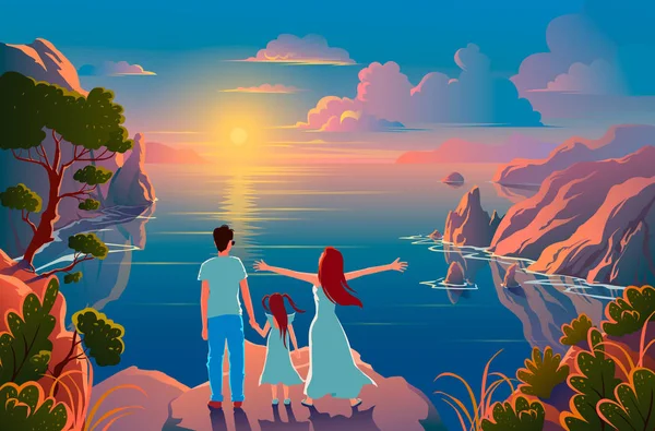 Η οικογένεια στέκεται στην άκρη ενός βράχου με όμορφη θέα στη φύση και θαυμάστε το ηλιοβασίλεμα και το τοπίο — Διανυσματικό Αρχείο