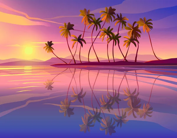 Beau coucher de soleil en bord de mer. Déclin, océan, palmiers . — Image vectorielle