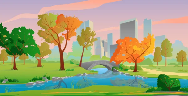 Herfst stad landschap met rivier en gele bomen, prachtige zonsondergang kleuren. — Stockvector