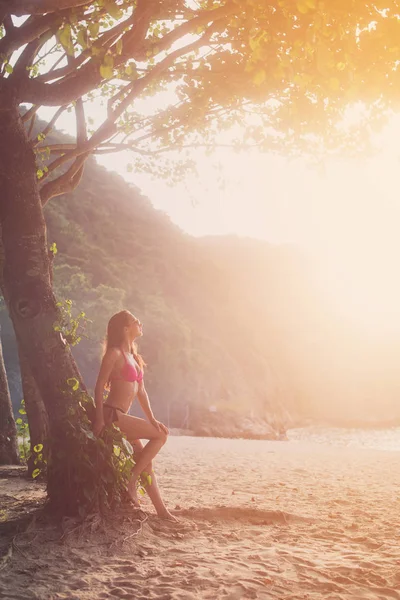 Привлекательная стройная туристка в бикини прислонилась к дереву с зелеными джунглями на заднем плане, глядя на небо ярким солнечным светом наслаждаясь летними каникулами — стоковое фото