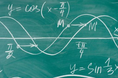 Trigonometri. Okul kara tahta fonksiyon grafikleri matematik ders.