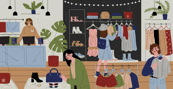 Klienci i pracownicy w sklepie odzieżowego, sieciówkach — Wektor stockowy
