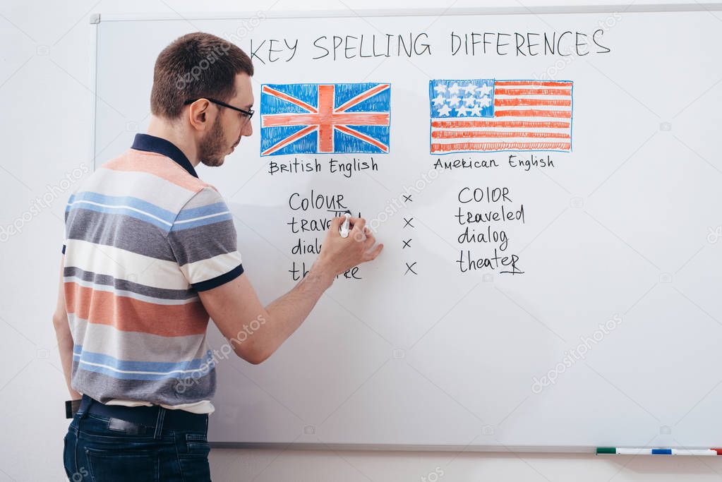 Tutor writing grammar on whiteboard. English language school.
