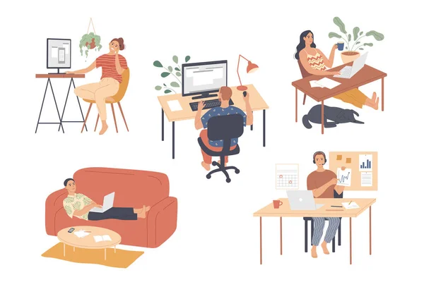 People working from home. on laptops and computers Working at home. Freelance — Stock Vector