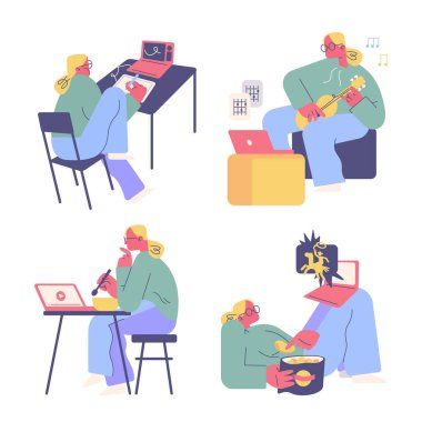 Kadın evde günlük aktiviteler yapıyor. İş ve eğlence için dizüstü bilgisayar kullanıyor..