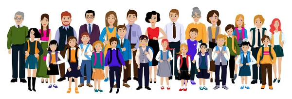 Group of pupils with parents and teachers. — Stock Vector