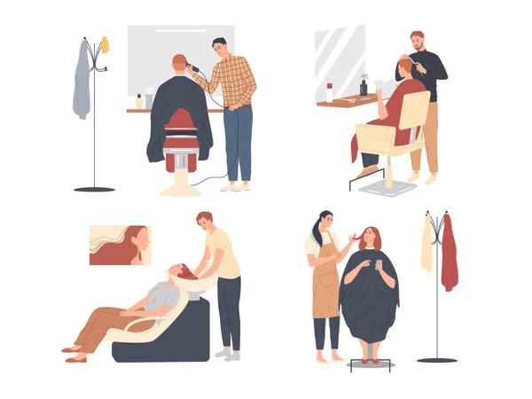 Servicio de atención al cliente en la peluquería. Los hombres barberos y estilistas mujeres en el trabajo, hacen cortes de pelo. — Vector de stock