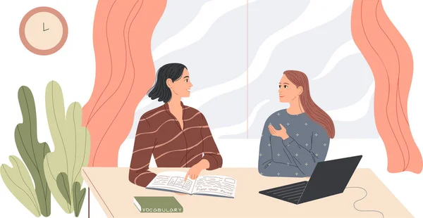 Zwei Frauen sitzen am Schreibtisch und reden. — Stockvektor