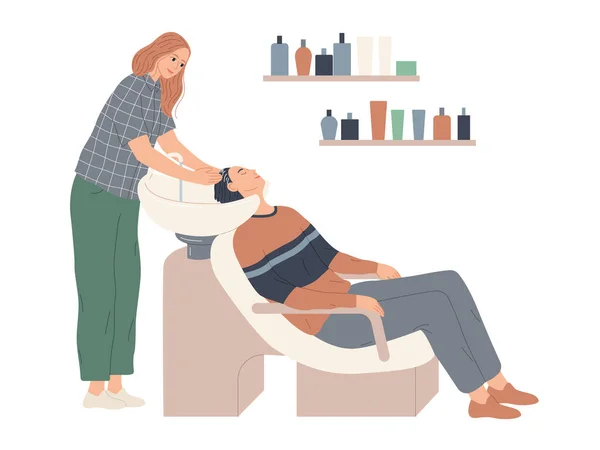 Le coiffeur lave les cheveux de son client en préparation de la coupe de cheveux — Image vectorielle