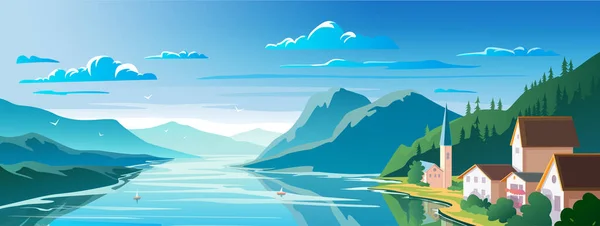 Hermoso paisaje, lago de montaña y casas en la orilla Vista panorámica — Vector de stock