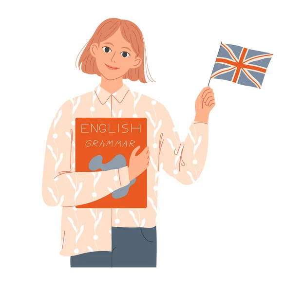 Flickelev har en bok och en engelsk flagga.Hon är infödd talare eller lär sig engelska. — Stock vektor