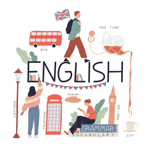 Estudiar inglés y cultura, viajar a Inglaterra — Vector de stock