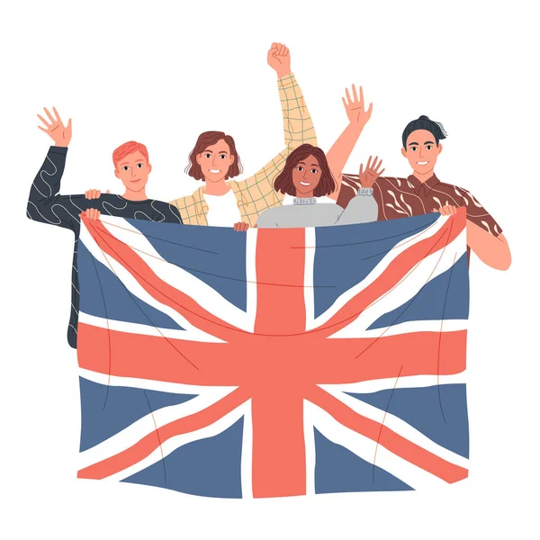 Un groupe de gens tient le drapeau britannique. Apprendre l'anglais — Image vectorielle