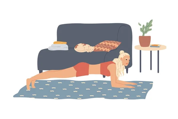 Femme effectue un exercice de planche de coude, entraînement à la maison. — Image vectorielle