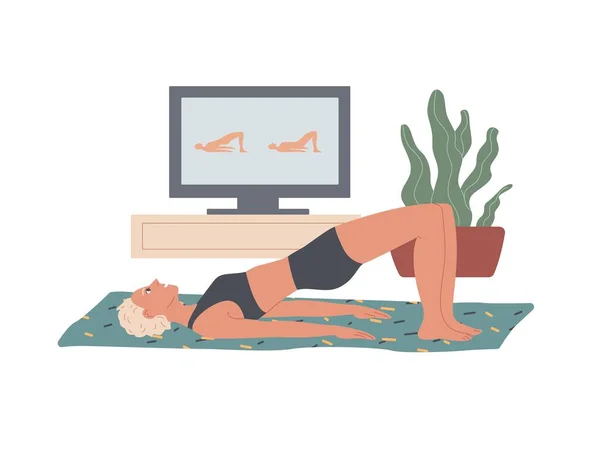 Glute Bridge. Femme effectue des exercices à la maison couchée sur le sol, levant ses fesses penchées sur le dessus du dos et du pied — Image vectorielle